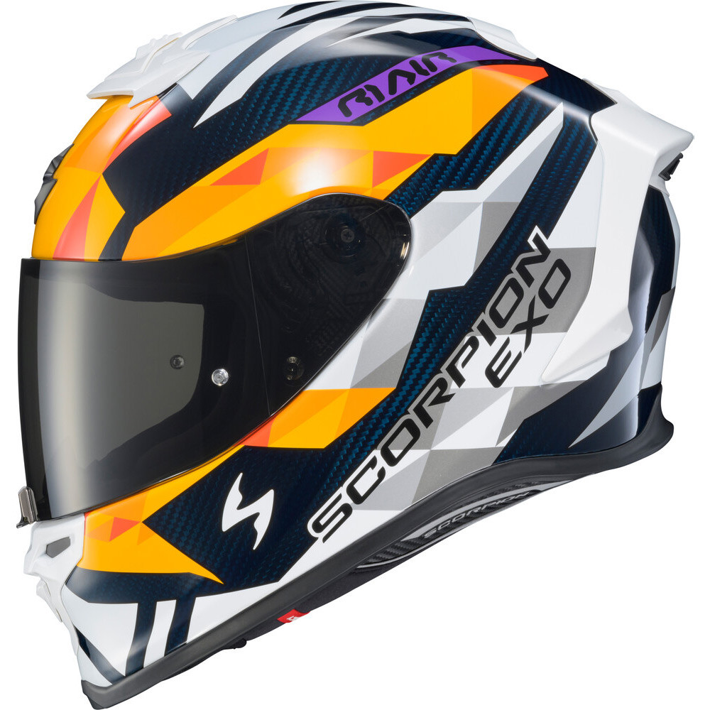 CASCO SCORPION EXO R1 RASTOR NARANJA BLANCO AZUL BRILLO