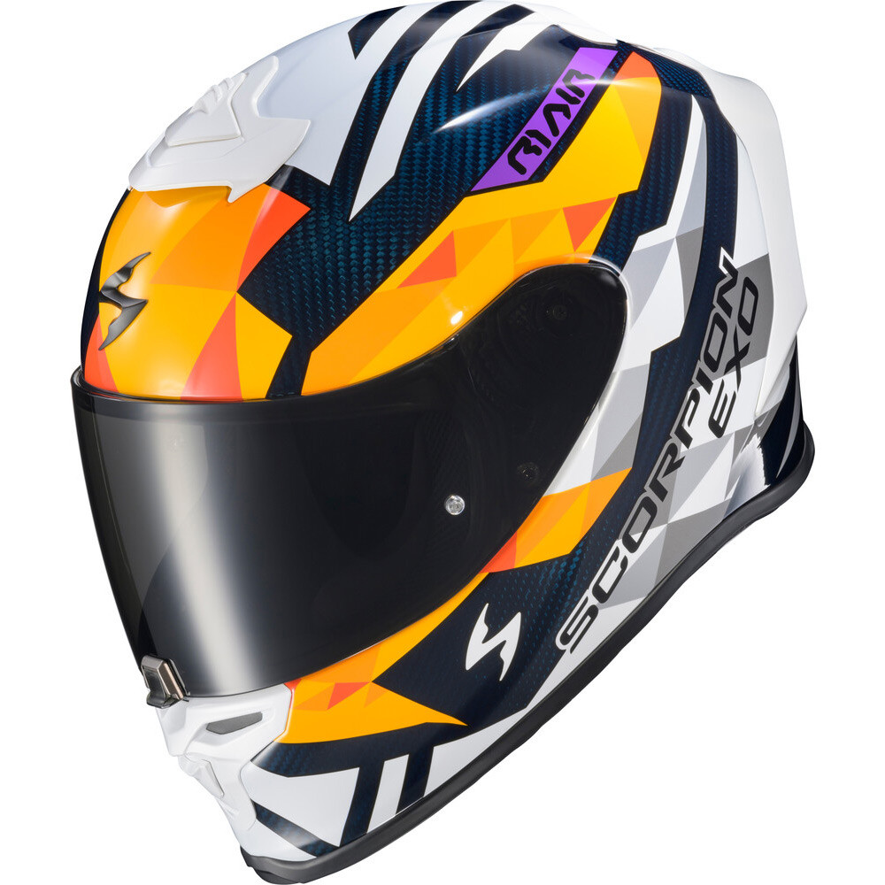CASCO SCORPION EXO R1 RASTOR NARANJA BLANCO AZUL BRILLO