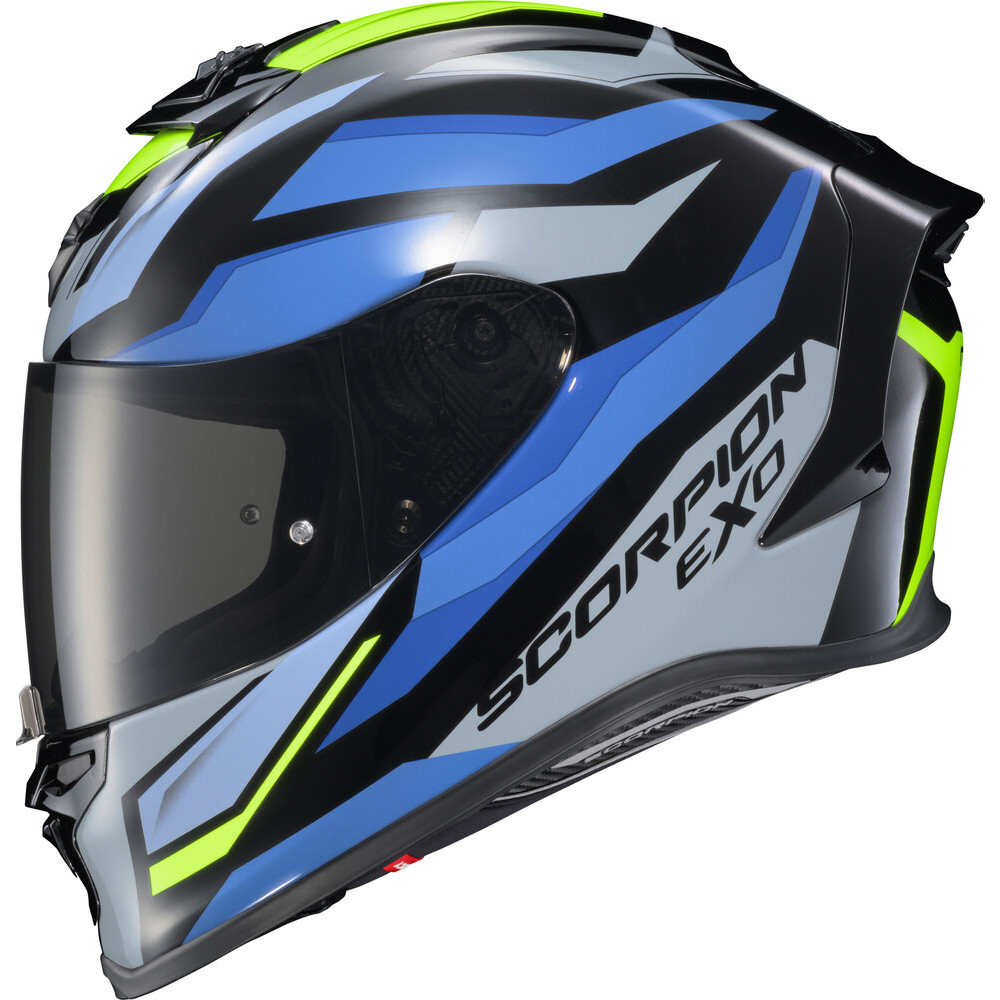 CASCO SCORPION EXO R1 RAVEN NEGRO AZUL AMARILLO
