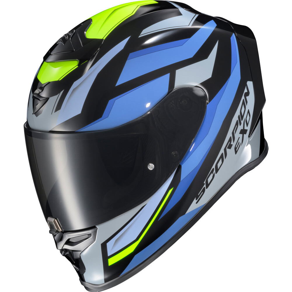 CASCO SCORPION EXO R1 RAVEN NEGRO AZUL AMARILLO