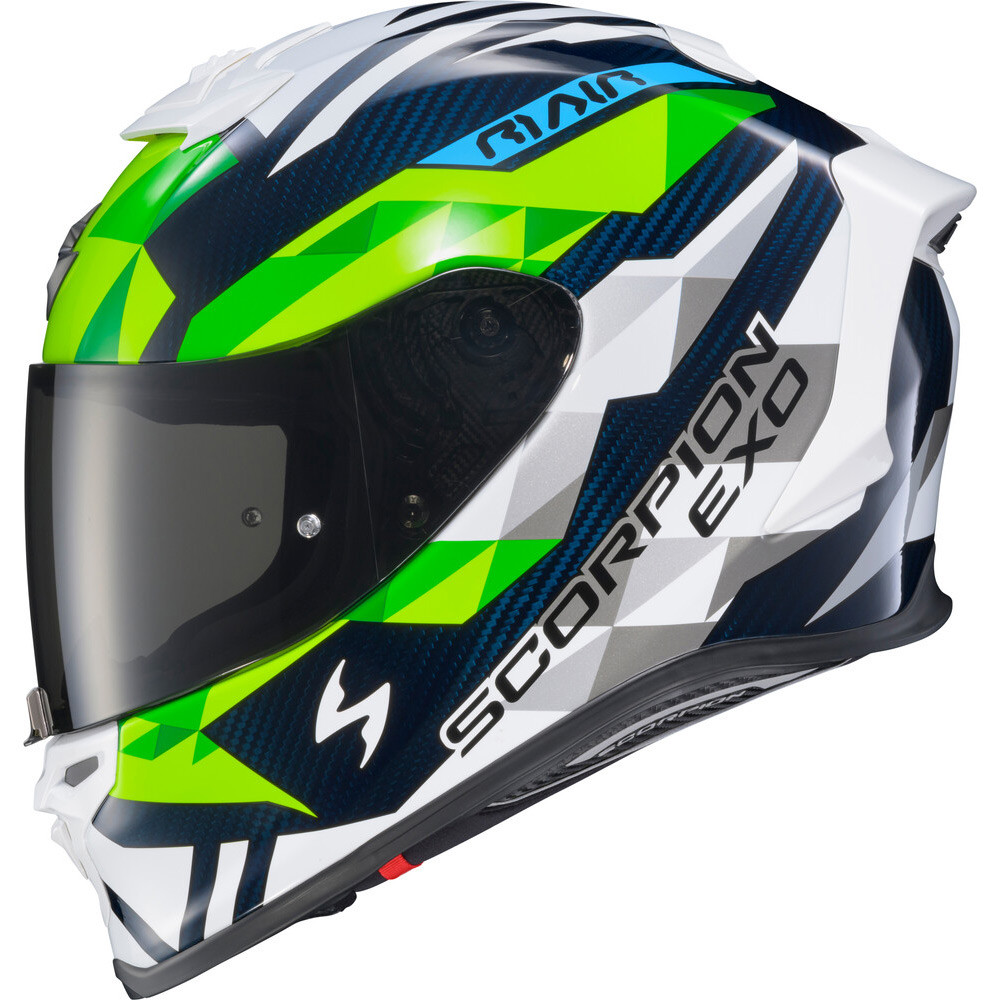 CASCO SCORPION EXO R1 RASTOR BLANCO VERDE AZUL BRILLO