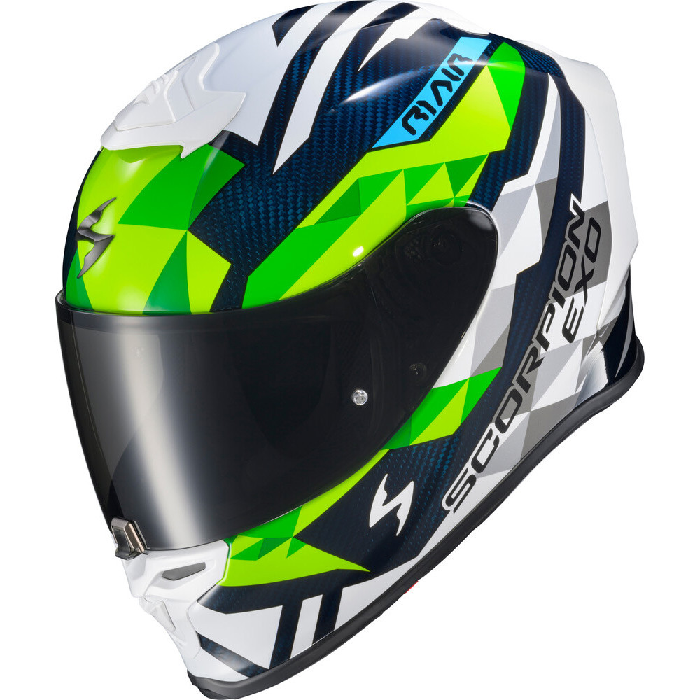 CASCO SCORPION EXO R1 RASTOR BLANCO VERDE AZUL BRILLO