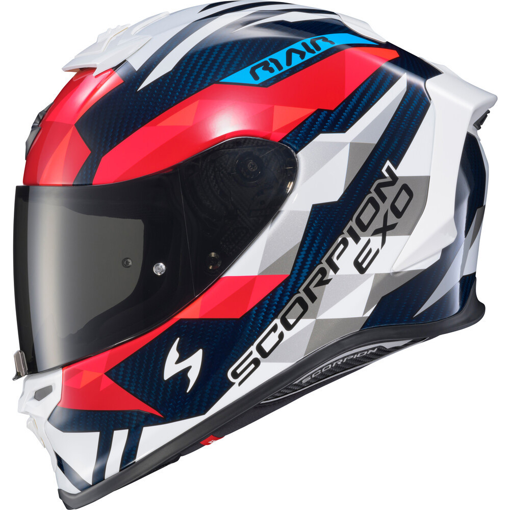 CASCO SCORPION EXO R1 RASTOR CARBONO ROJO BLANCO AZUL