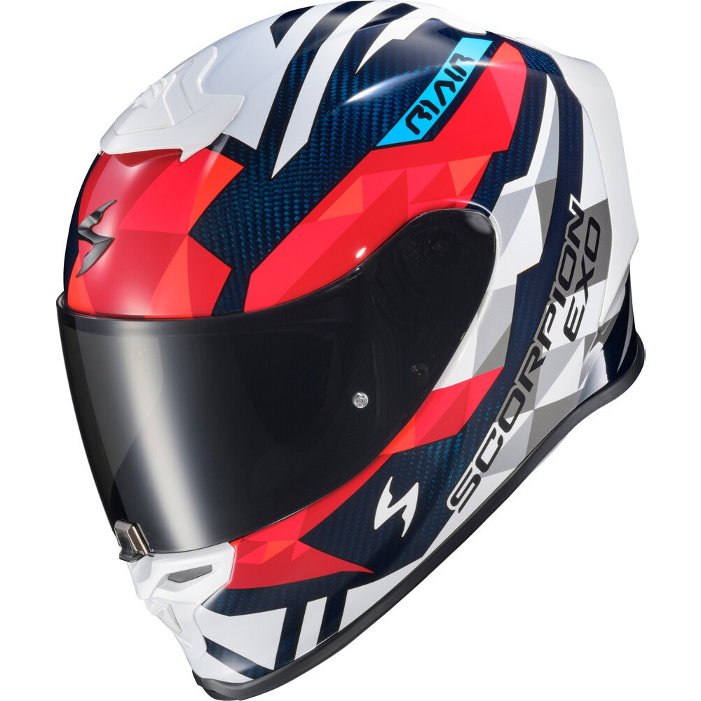 CASCO SCORPION EXO R1 RASTOR CARBONO ROJO BLANCO AZUL