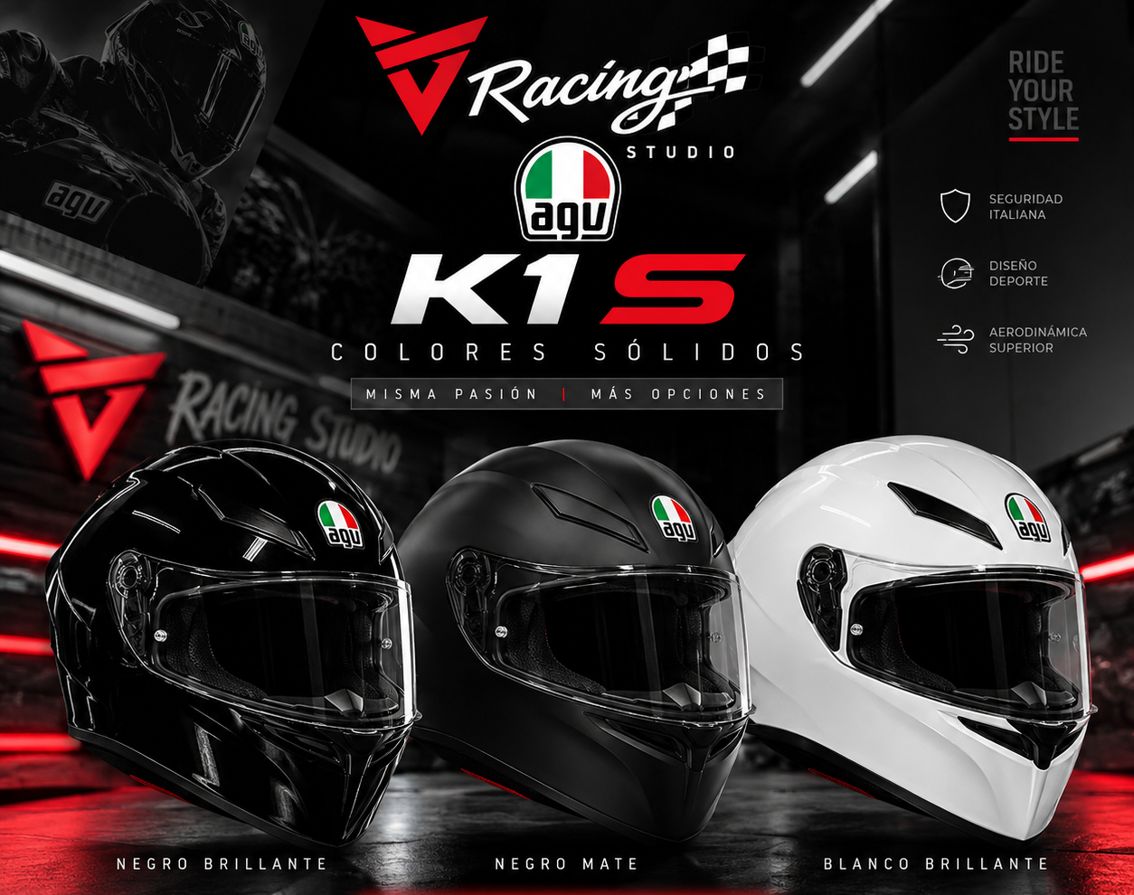Combo AGV Solidos Racing Studio Casco + Visor + Accesorios